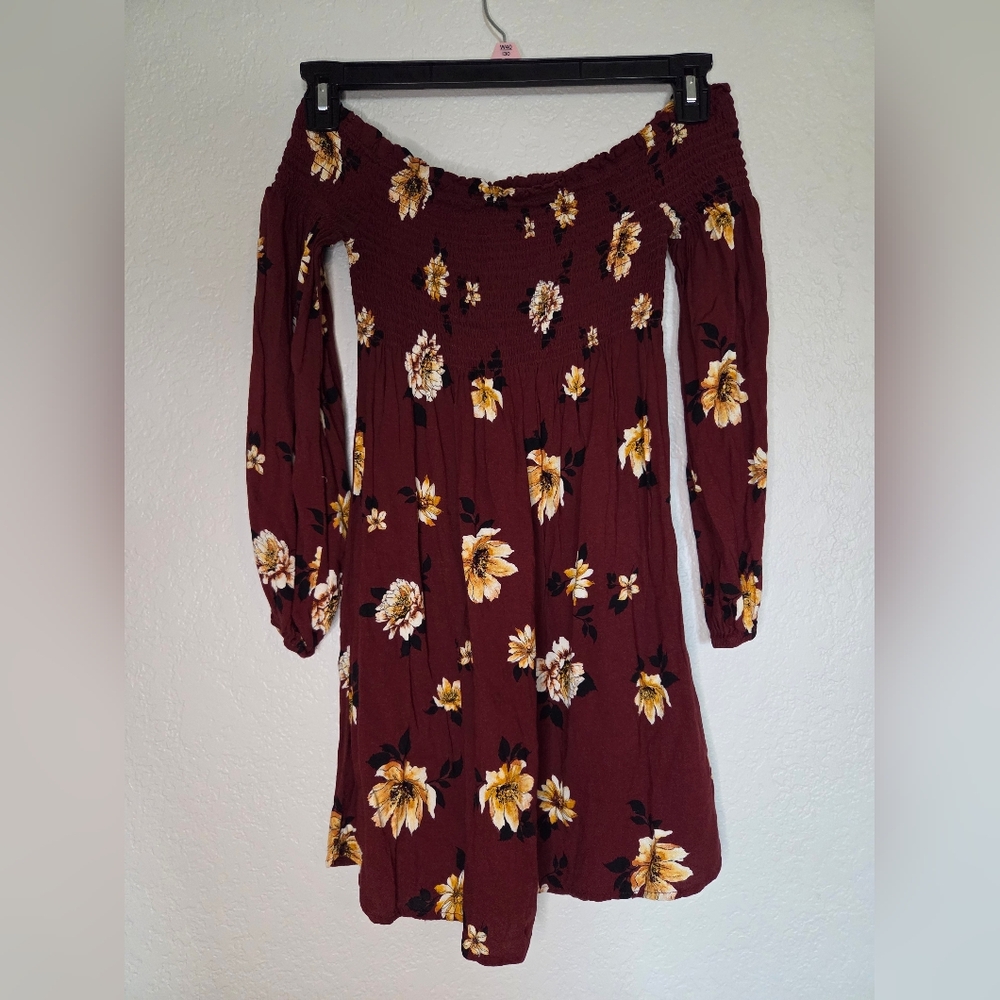 Xhilaration Red and Yellow Off-Shoulder Bishop Sleeve Sundress